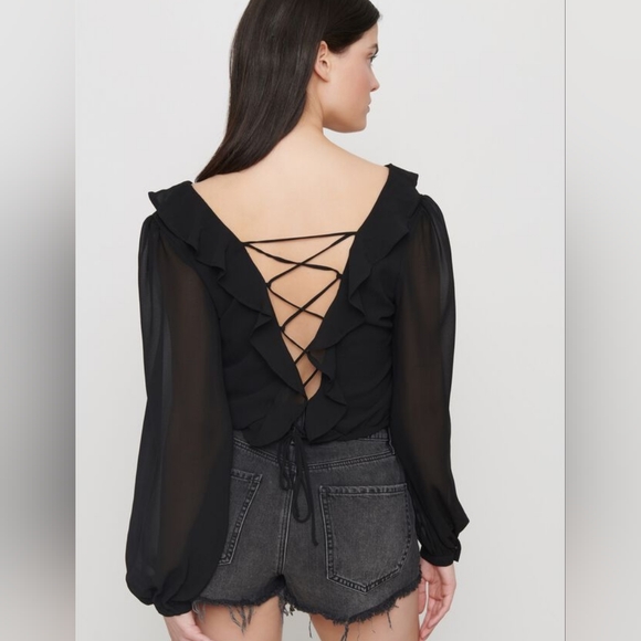 Long sleeve ruffle lace up back top - Picture 1 of 5